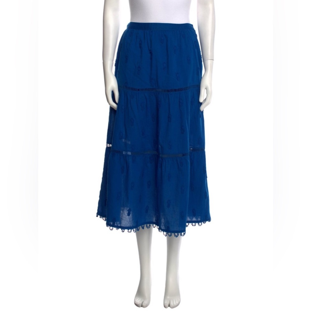 FARM Rio Blue 3D Pineapple Embroidered Midi Skirt Pom Pom Hem A-Line Size S NEW - Picture 5 of 12